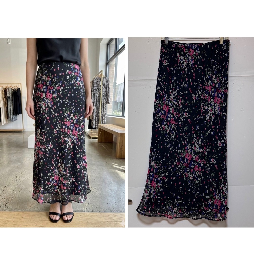 Cato Ditsy Floral Boho MaxiSkirt Black Pink Purple Chiffon M Cottage Prairie Y2K